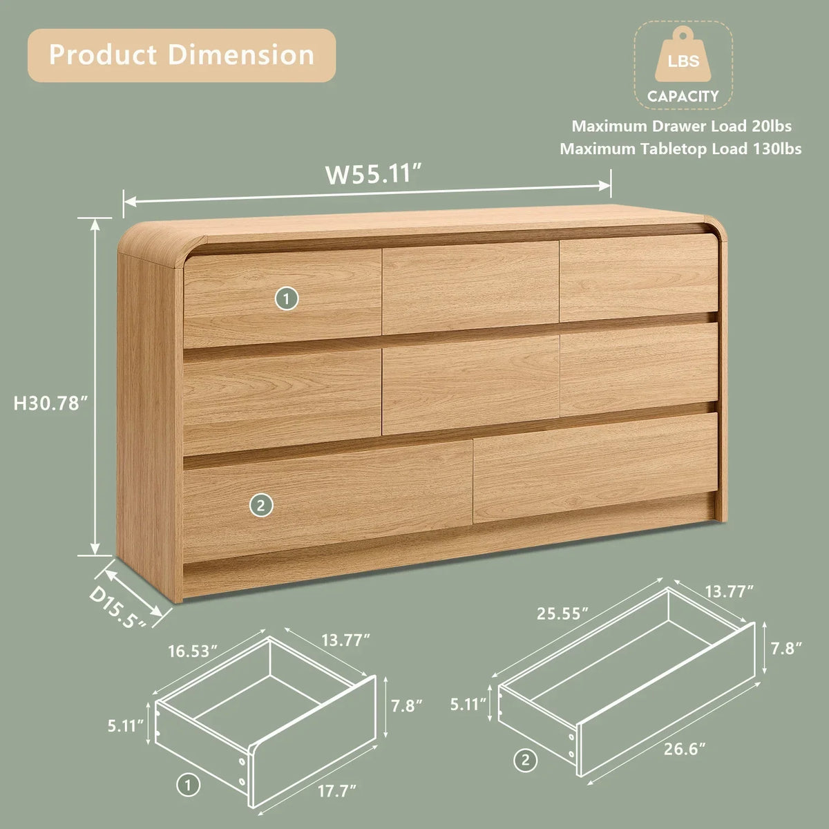 2026 Newwow97e Modern 8 Drawers Dresser for Bedroom, 55" Wide Wood Chest of Drawers w/Curved Profile Design, for Bedroom, Living Room, Natural Oak
