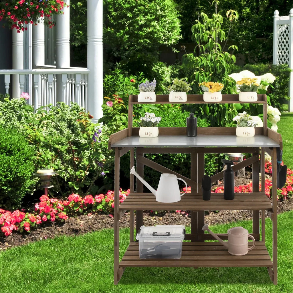 2026 NewPETSCOSSET Outdoor Wooden Folding Potting Bench Table, Fir Wood Garden Workstation with Galvanized Tabletop, 2 Tier Storage Shelves, Brown