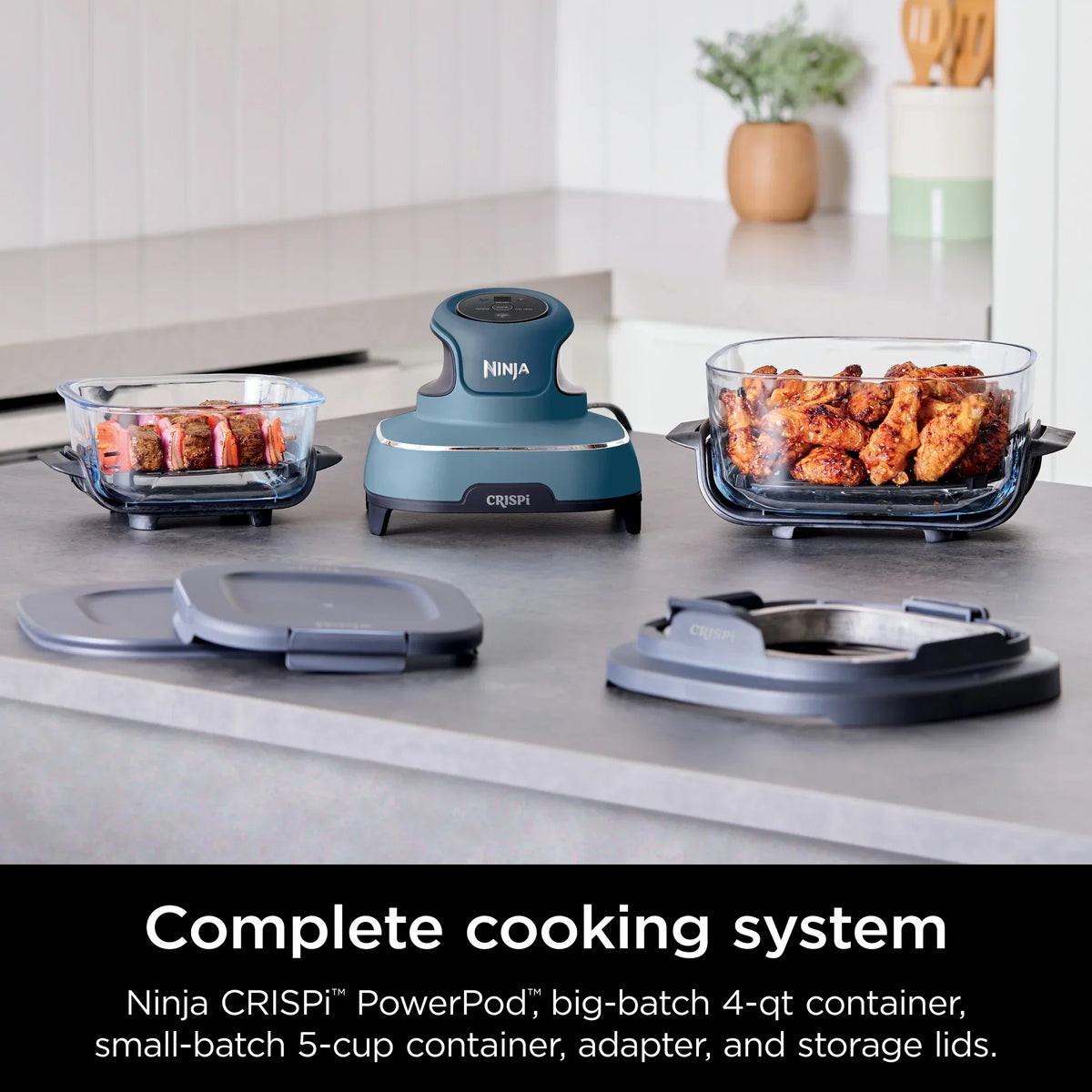 2026 NewNinja Crispi 3-in-1 Portable Glass Air Fryer Cooking System, 1500W, 4-Qt & 5-Cup TempWare Glass Containers with Storage Lids, Microwave, Freezer & Dishwasher Safe, White, FN100WH