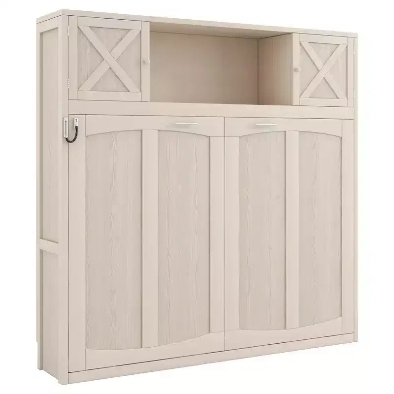2026 Cama abatible tamaño Full con armarios de almacenamiento y estructura de madera, beige