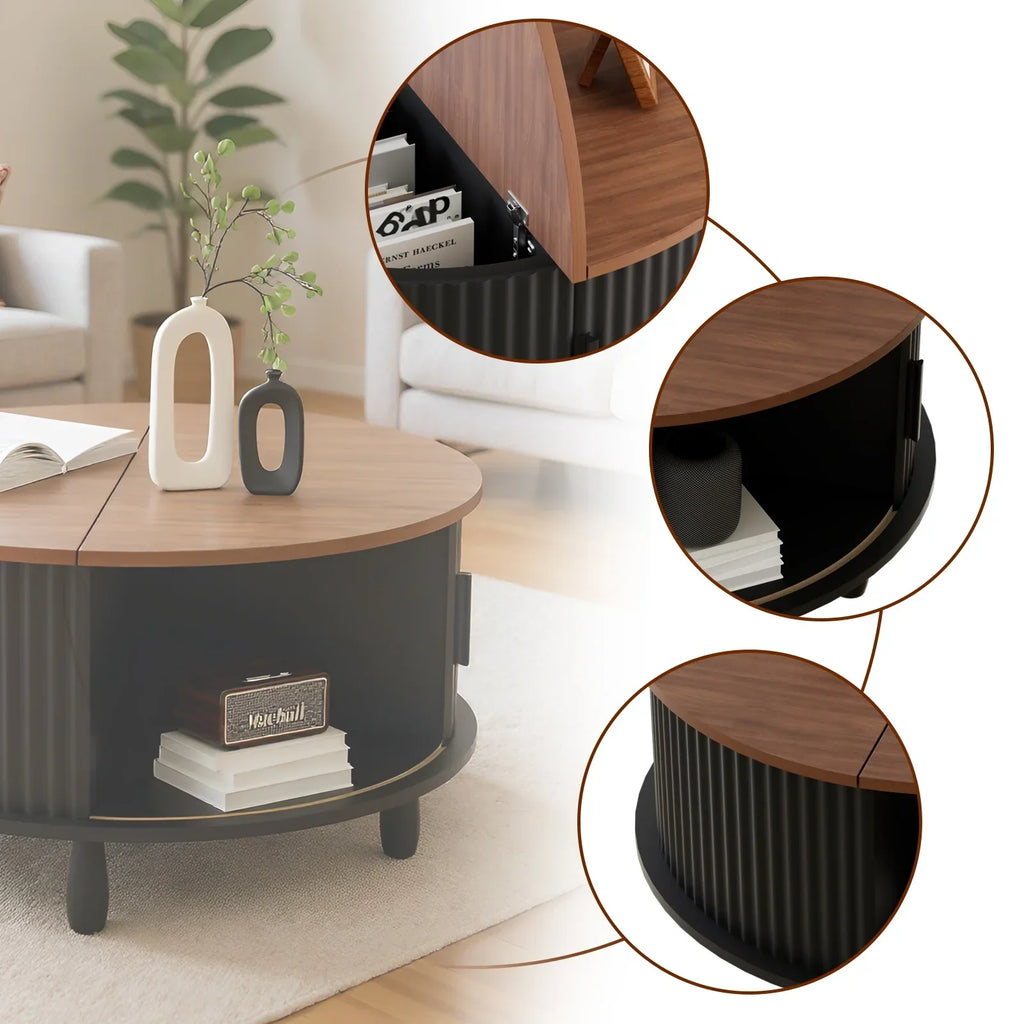 2026 NewRUMLIVE Round Coffee Table with Storage, 30.7" Modern Coffee Table with 360" Curved Sliding Door, Fluted Wood Coffee Table with Footpads, Round Center Table for Living Room, Black