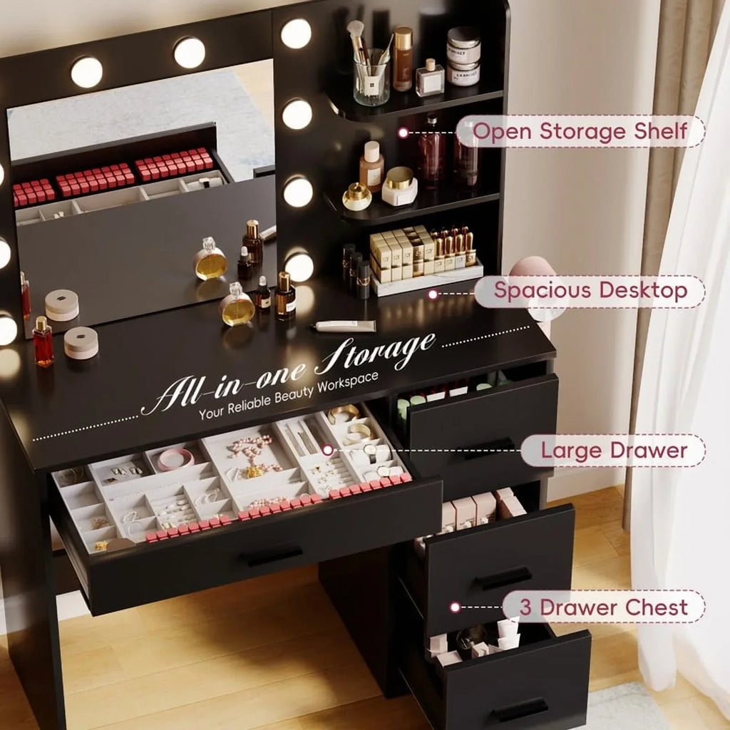 2026 NewLacoo Vanity Desk with Mirror and LED Lights, Makeup Vanity with 7 Drawers & 4 Shelves, Vanity Table with Power Outlet for Bedroom Dressing Room, White
