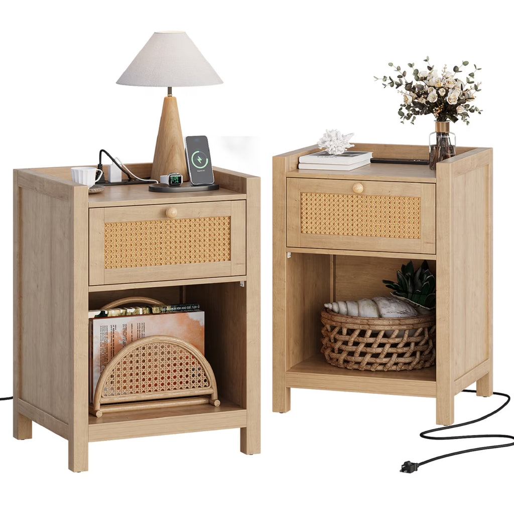 2026 NewLGHM Nightstand Set of 2 with Charging Station, Farmhouse Bedside Tables Night Stands with Drawer, Boho Side Tables for Bedroom, Living Room, Oak