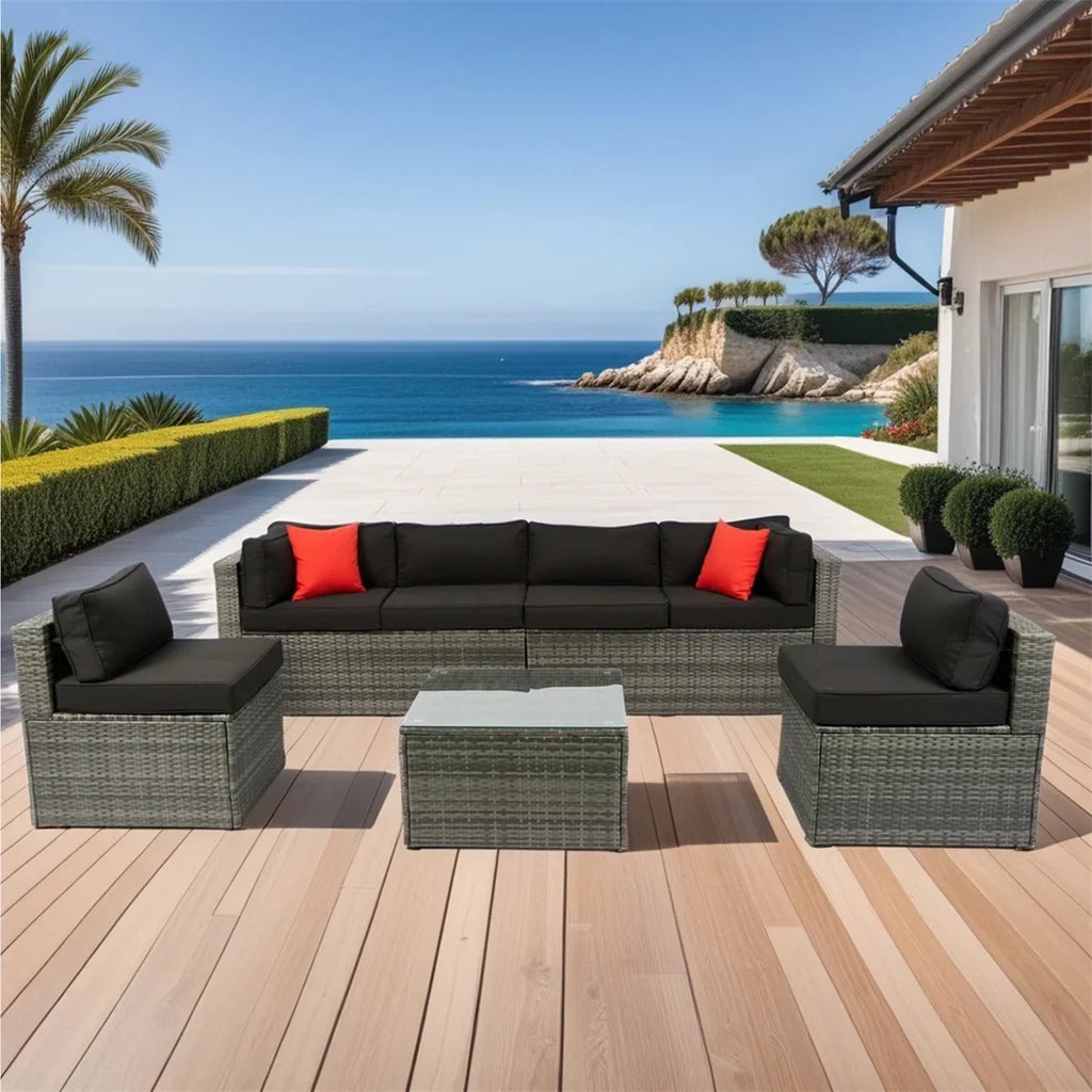 2026 New7 Piece Patio Furniture Sets Outdoor Sectional PE Rattan Outdoor Furniture Patio Conversation Set with Cushions and Glass Coffee Table, for Balcony Lawn and Garden, Gray