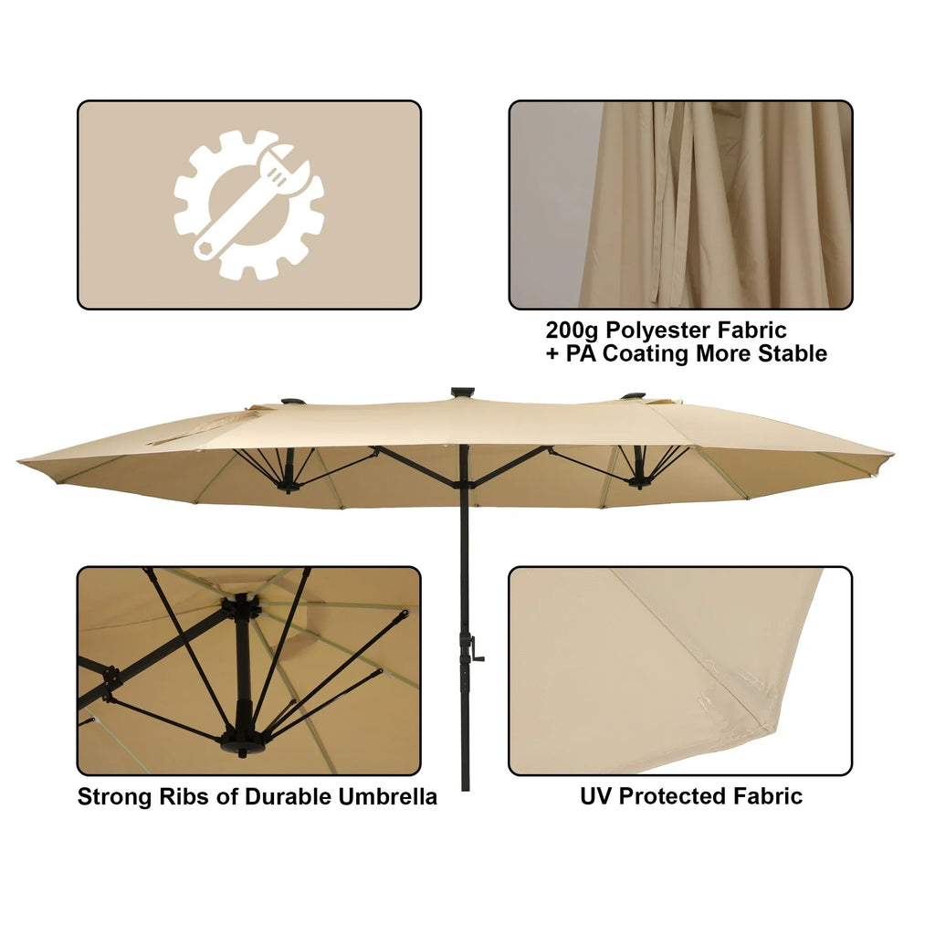 2026 NewMondawe 15ft Patio Umbrella, Large Double-Sided Solar LED Outdoor Umbrella with Fiberglass Ribs and Base for Deck Pool, Navy Blue