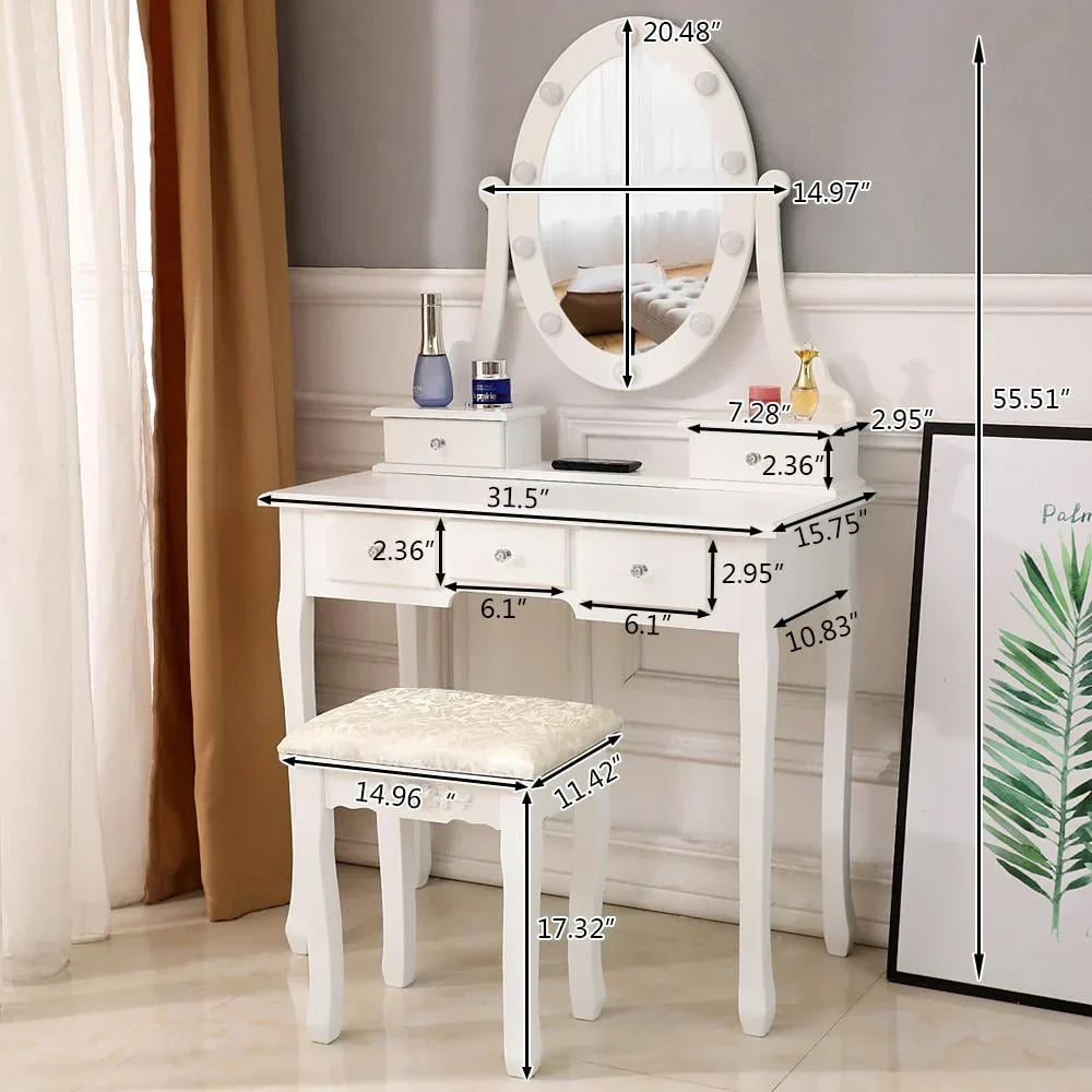 2026 NewKtaxon Vanity Table 10 LED Lights, 5 Drawers Makeup Dressing Desk with Cushioned Stool Set,Bedroom Vanities Set White