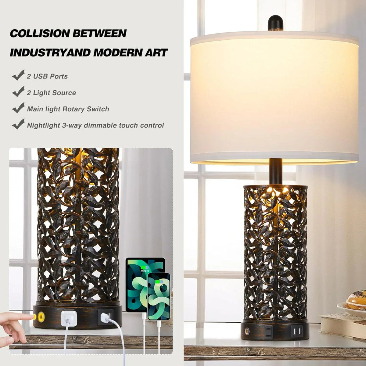 2026 NewCinkeda Table Lamp Set of 2 for Living Room Bedroom with USB Ports AC Outlet 3 Way Dimmable Touch Nightlight Farmhouse White Floral Nightstand Bedside Lamps