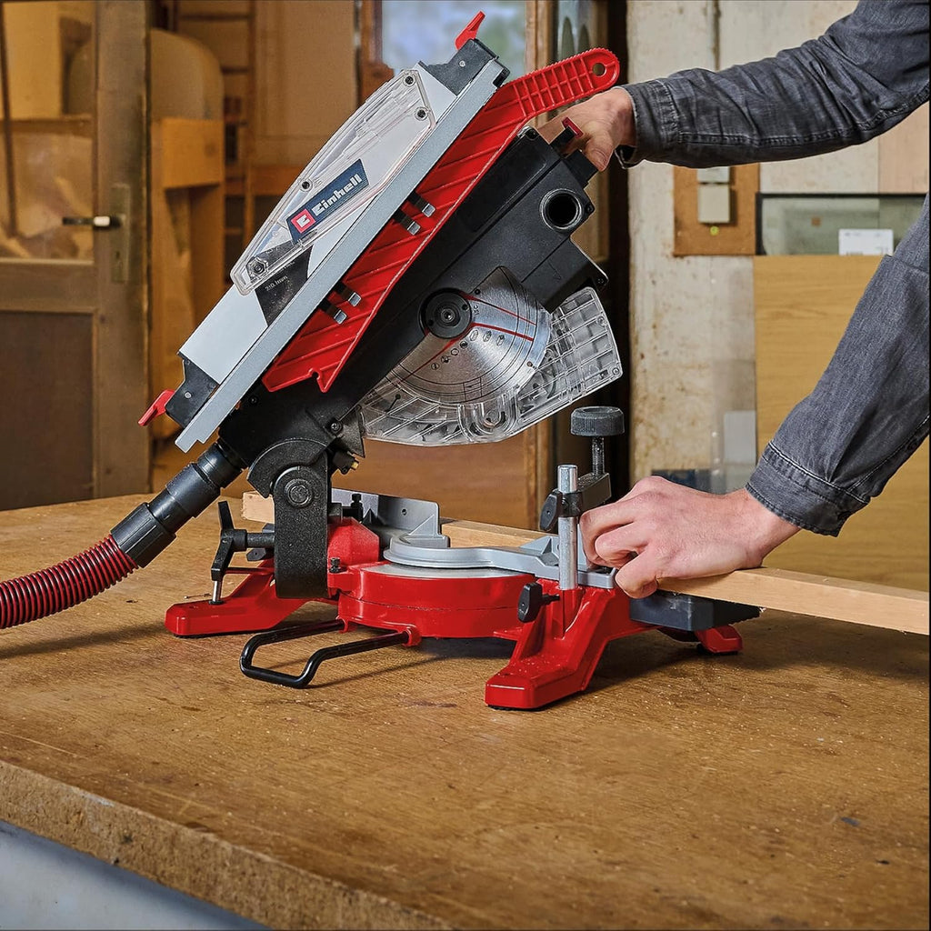 2026 Einhell Sierra ingletadora y tronzadora y mesa TE-MS 216 T (1500W, hoja de sierra de Ø216mm, ancho de corte 120mm, profundidad 55mm, incl. láser de línea de corte, func. de sierra circular de mesa)