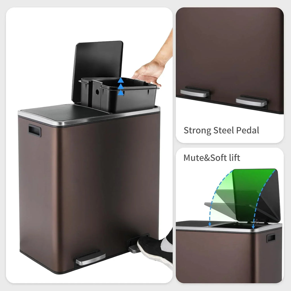 2026 NewArlopu 60 L/16 gal Dual Trash Can, Stainless Steel Garbage Can for Kitchen, Recycle Bin with Lid
