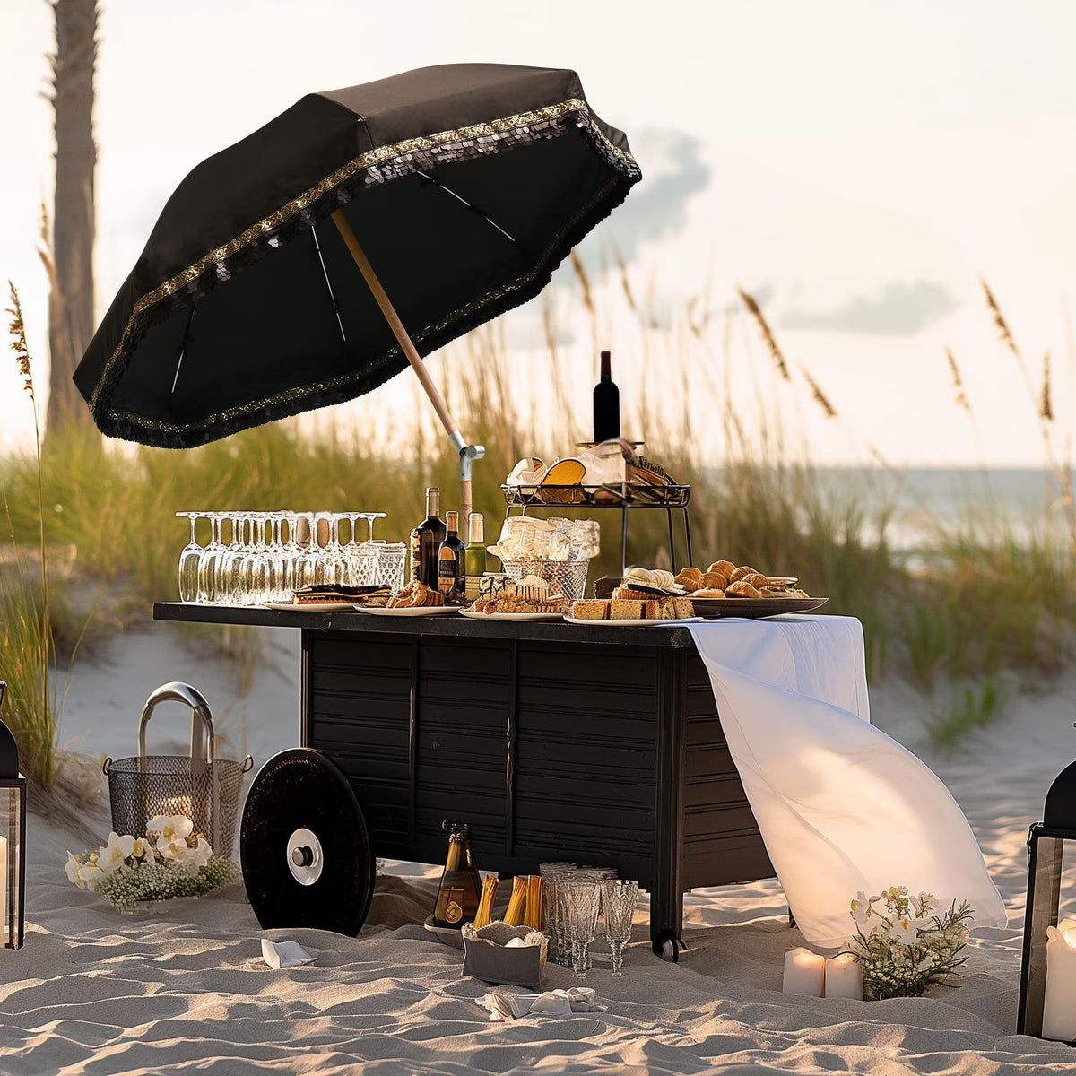 2026 NewLAGarden 6 Ft Fringe Patio Umbrella with Tassel Jazz Age Wood UPF50+ for Outdoor, Beige with gold tassel,Model: JZ6-01