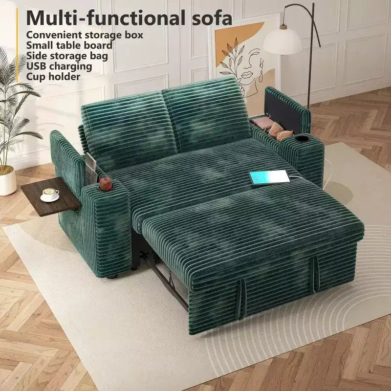 2026 Dyonery Sofá cama 4 en 1 de 65,5" con respaldos ajustables, carga USB/Type-C, portavasos y bolsillos, verde