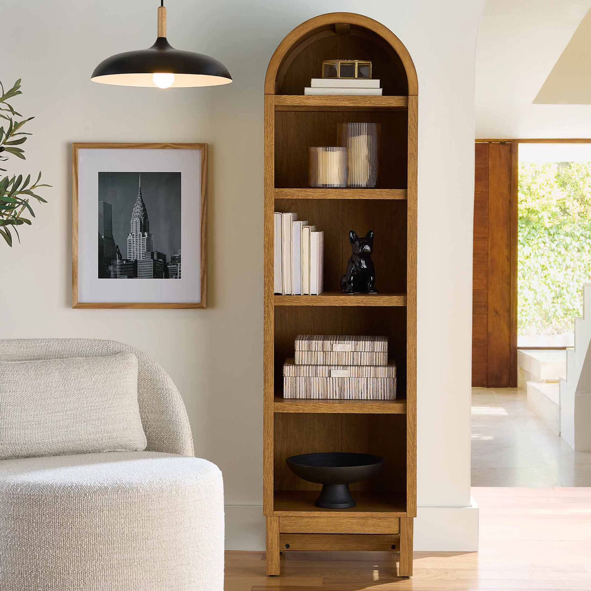 2026 NewBetter Homes & Gardens Juliet Narrow Arch Bookcase, Rich Black and Light Honey