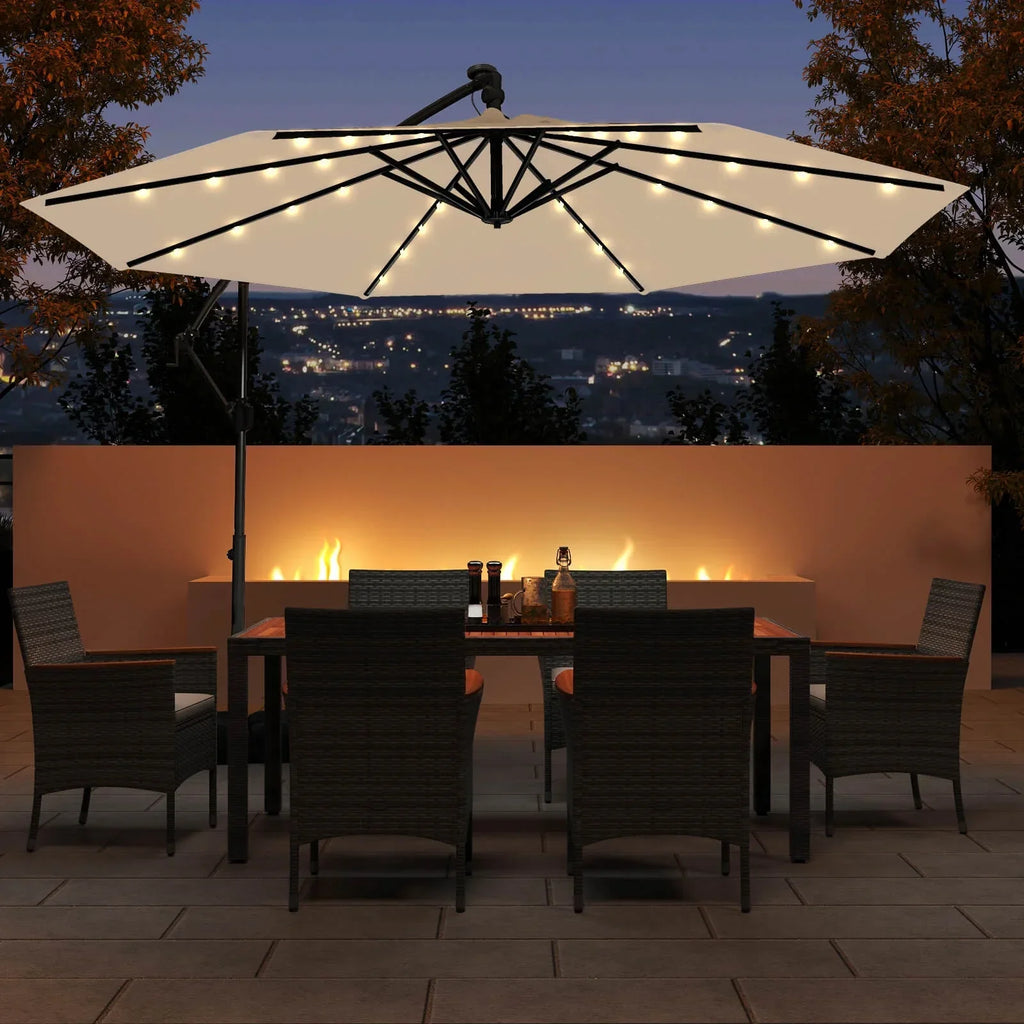 2026 NewCostway 10 FT Solar Offset Hanging Umbrella Patio Cantilever Umbrella with 32 LED Lights Brown