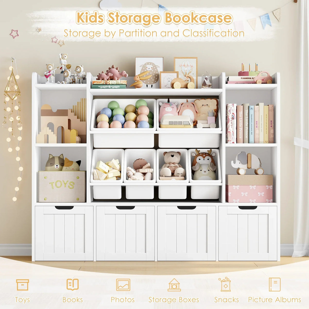 2026 NewHiphuta 3 Tier Kids Bookcase with Toy Storage Organizer, Wood Toy Organizer of 6 Boxes & 4 Removable Drawers, White