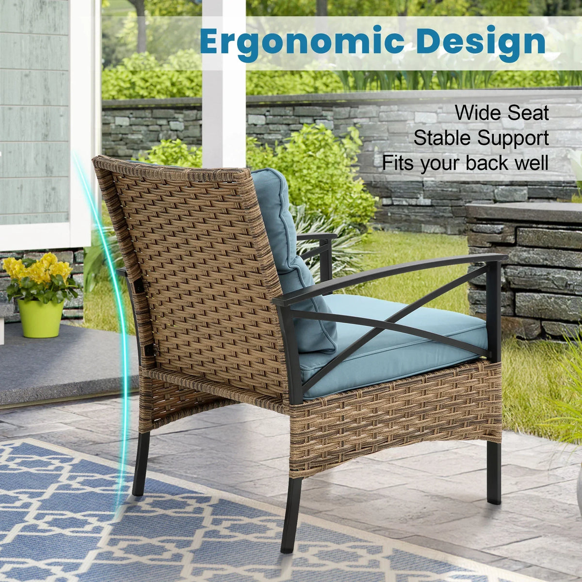 2026 NewHeavy-duty Patio Furniture Set, 4 Piece Outdoor Sectional Conversation Sets, BrownPE Rattan Patio Sofa Set with Blue Cushions