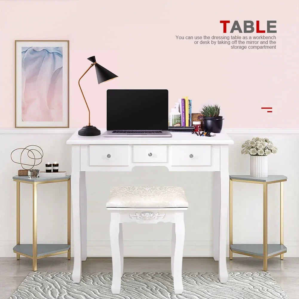 2026 NewKtaxon Vanity Table 10 LED Lights, 5 Drawers Makeup Dressing Desk with Cushioned Stool Set,Bedroom Vanities Set White