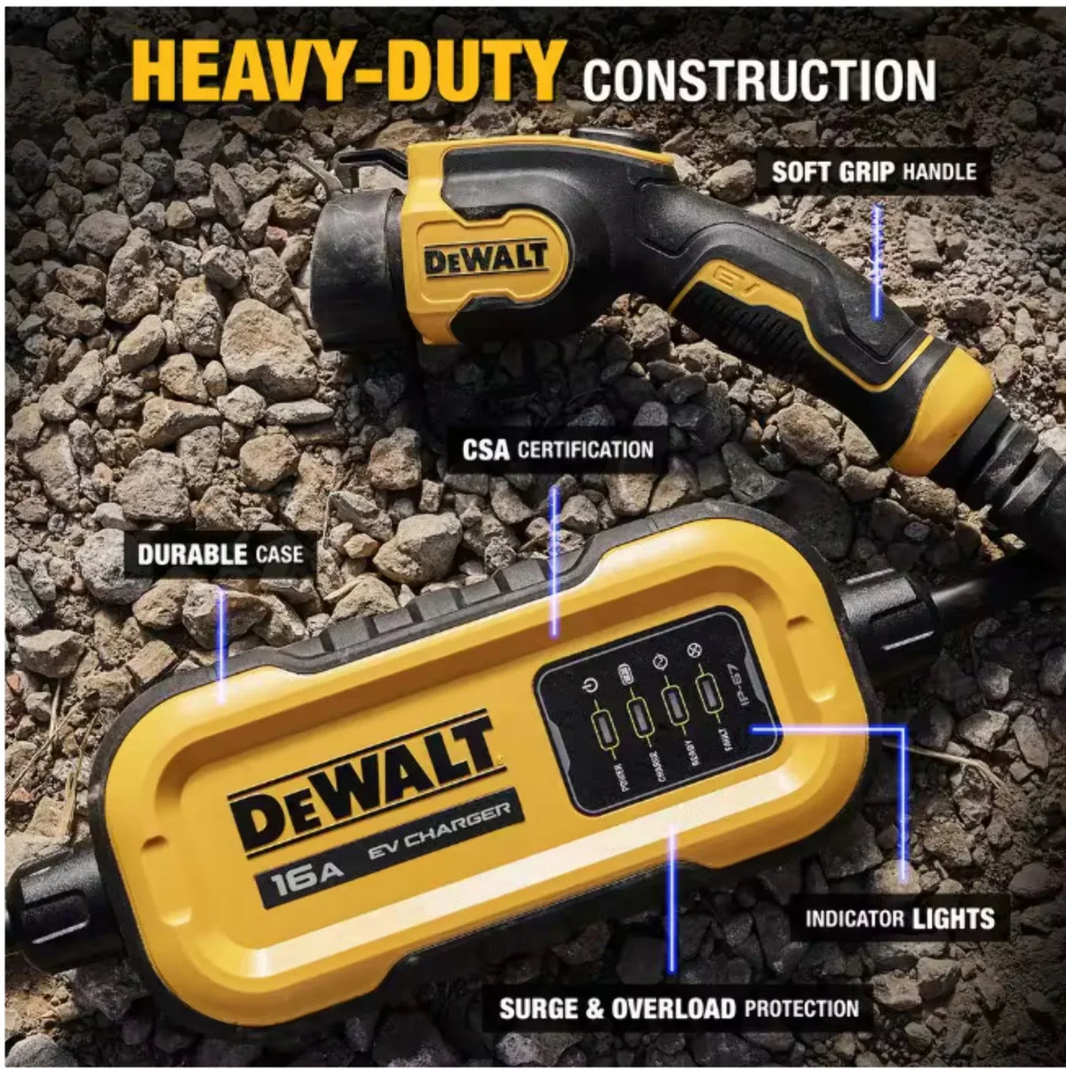 2026 NewDEWALT Level-2 Portable Electric Vehicle EV Charger up to 16 Amps, 120-240-Volt AC 3.8 KW, 25 Ft. Cable, Weatherproof
