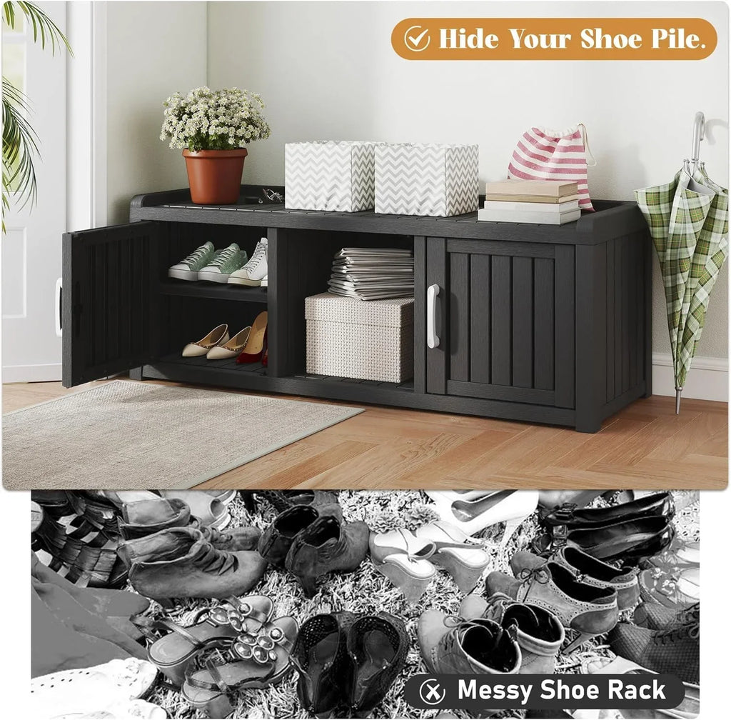 2026 NewKAMABOKO Outdoor Shoe Storage Cabinet, Waterproof UV-Resistant Entryway Storage Bench Indoor Outdoor with 2 Barn Doors, Adjustable Shelves for Entryway, Bedroom, Hallway,Living Room(Black)