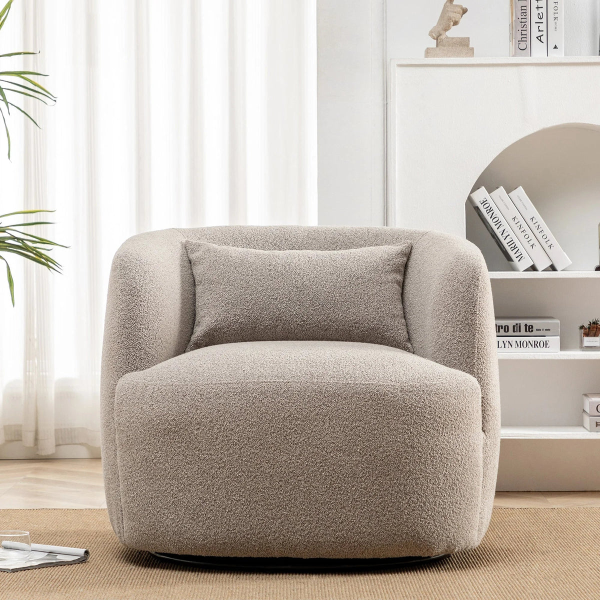2026 New34" Wide Boucle Swivel Barrel Chair, No Assembly Round Upholstered Armchair Accent Chair Single Sofa Chair with Toss Pillow for Living Room and Bedroom, Taupe