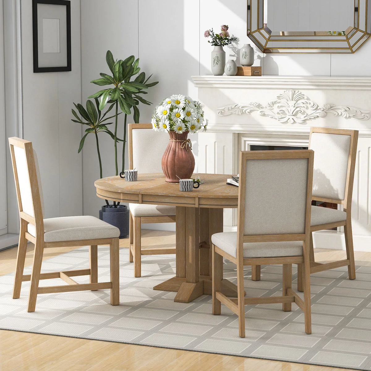 2026 New5 Piece Round Dining Table Set, Dining Room Set with Extendable Table and 4 Upholstered Chairs, Wood Dining Table Set for 4, Farmhouse Dining Table Set for Kitchen Dining Room Dorm Apartment, Brown