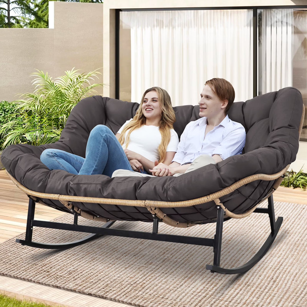 2026 NewRADIATA Beige Double Outdoor Rocking Chair, 2 Person Patio Rocking Egg Chair with Thick Cushion