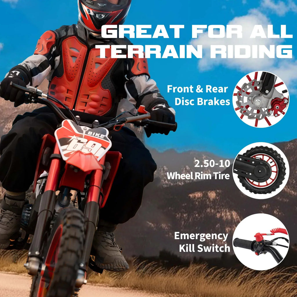 2026 NewMX moto 49CC Kids Dirt Bicycle, 2-Stroke Gas Powered Off Road Motorcycle, Tire Shock Absorber Spring Soft Seat Cushion with Front and Rear Disc Brake, Max Speed 28 MPH