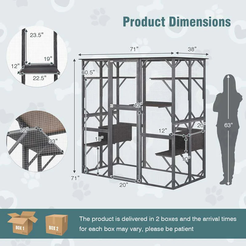 2026 Casa para gatos grande de 180 cm de altura, recinto exterior para gatos, caseta para gatos con acceso directo, jaula de madera para gatos con 7 plataformas.