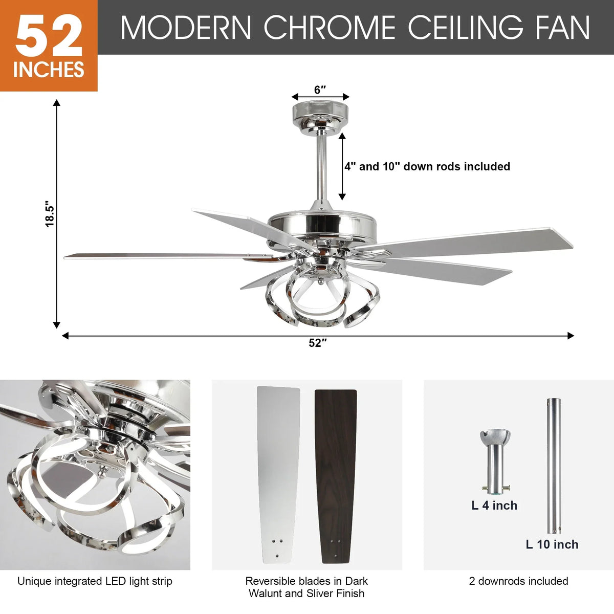 2026 NewParrot Uncle 52-Inch Contemporary Chrome Ceiling Fan with Integrated LED Lights and Remote Control