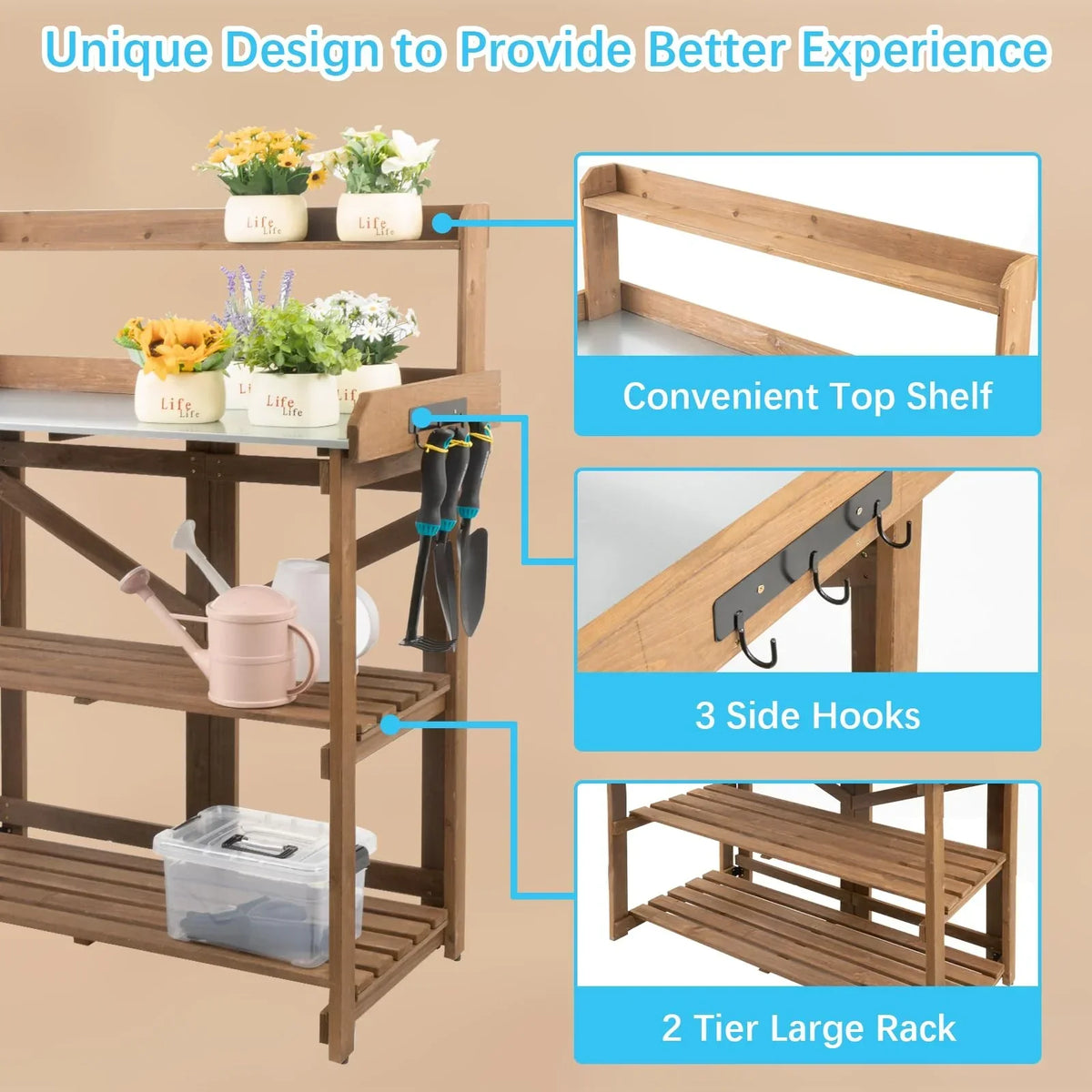 2026 NewPETSCOSSET Outdoor Wooden Folding Potting Bench Table, Fir Wood Garden Workstation with Galvanized Tabletop, 2 Tier Storage Shelves, Brown