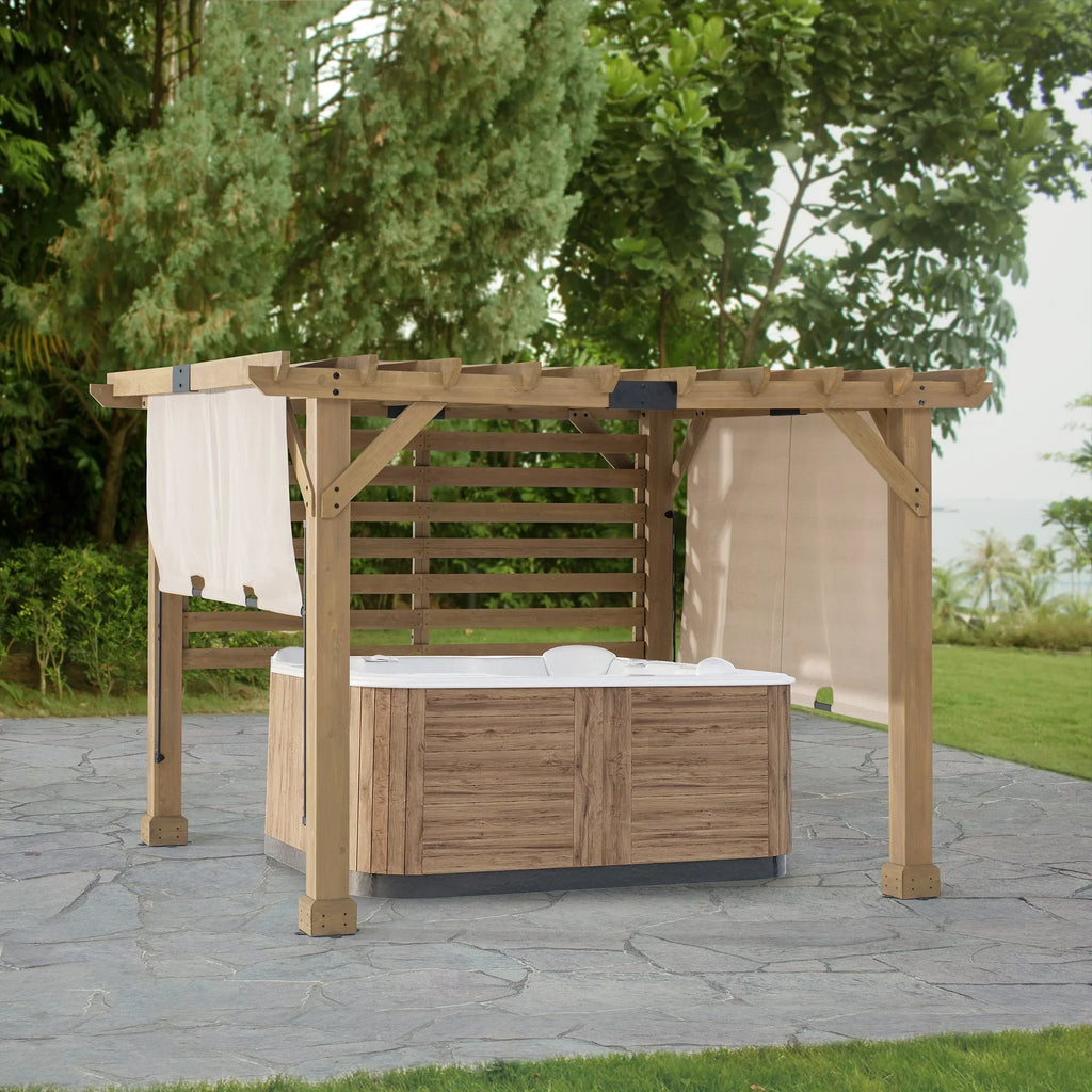 2026 NewSunjoy Cedar Pergola 10 x 11 ft. Wooden Hot Tub Pergola with Adjustable Canopy and Privacy Screen