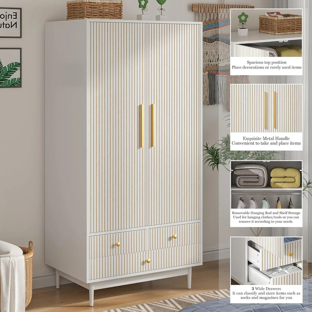 2026 NewOubayajia Wardrobe Armoire Closet, 2 Fluted Doors Wardrobe Cabinet with 3-Drawer and Hanging Rod, Wood Wardrobe Storage for Bedroom