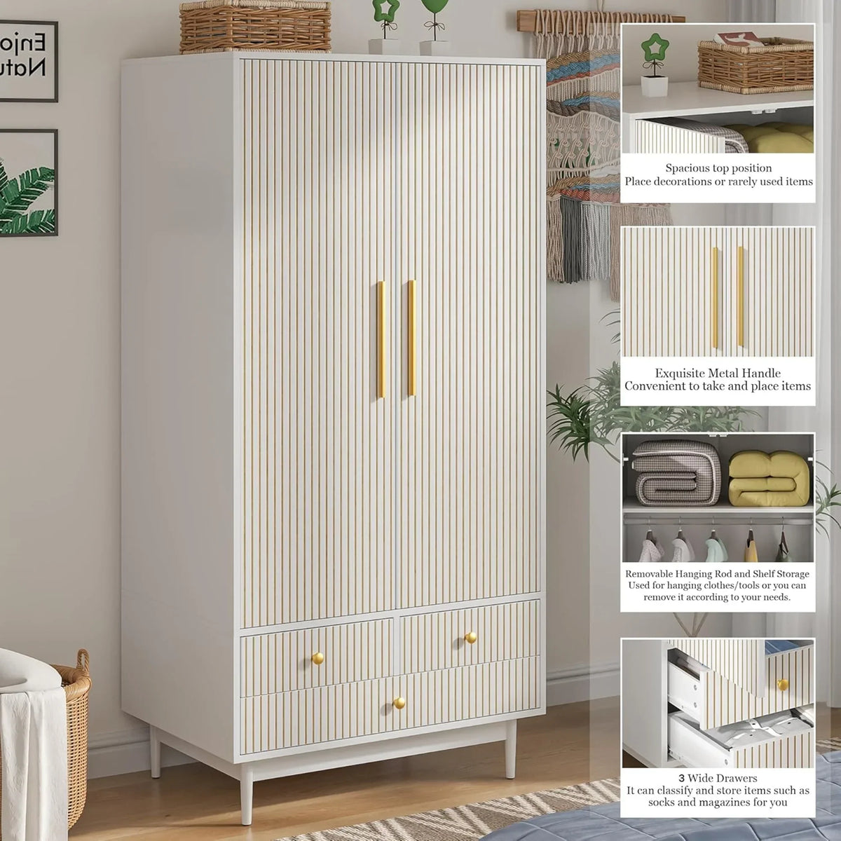 2026 NewOubayajia Wardrobe Armoire Closet, 2 Fluted Doors Wardrobe Cabinet with 3-Drawer and Hanging Rod, Wood Wardrobe Storage for Bedroom