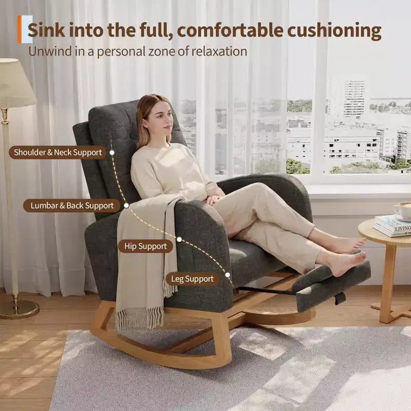 2026 Sillón mecedora deslizante tapizado con bolsillo lateral, estructura de madera, 1 plaza