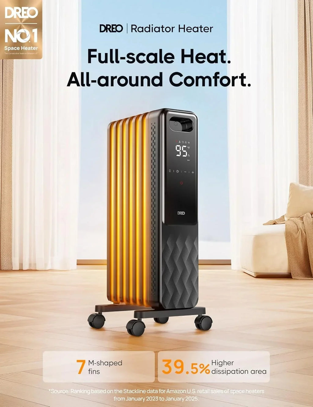 2026 NewDreo Oil Filled Radiator, Electric Radiant Heaters for indoor use Large Room with Remote Control, Child Lock, 4 Modes, Overheat & Tip-Over Protection, 24h Timer, Digital Thermostat, Quiet, 1500W