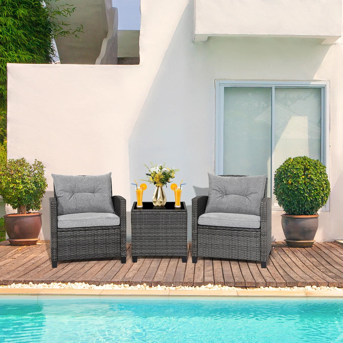 2026 NewGymax 3PCS Patio Rattan Sofa Set Outdoor Wicker Conversation Set Glass Tabletop w/ Grey Cushion