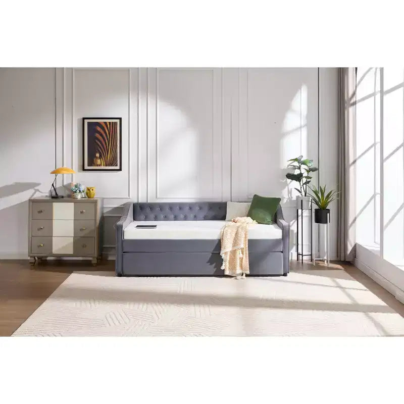 2026 Cama sofá Twin con cama nido, tapizada en terciopelo, puerto USB y bolsillos laterales - ModernLuxe