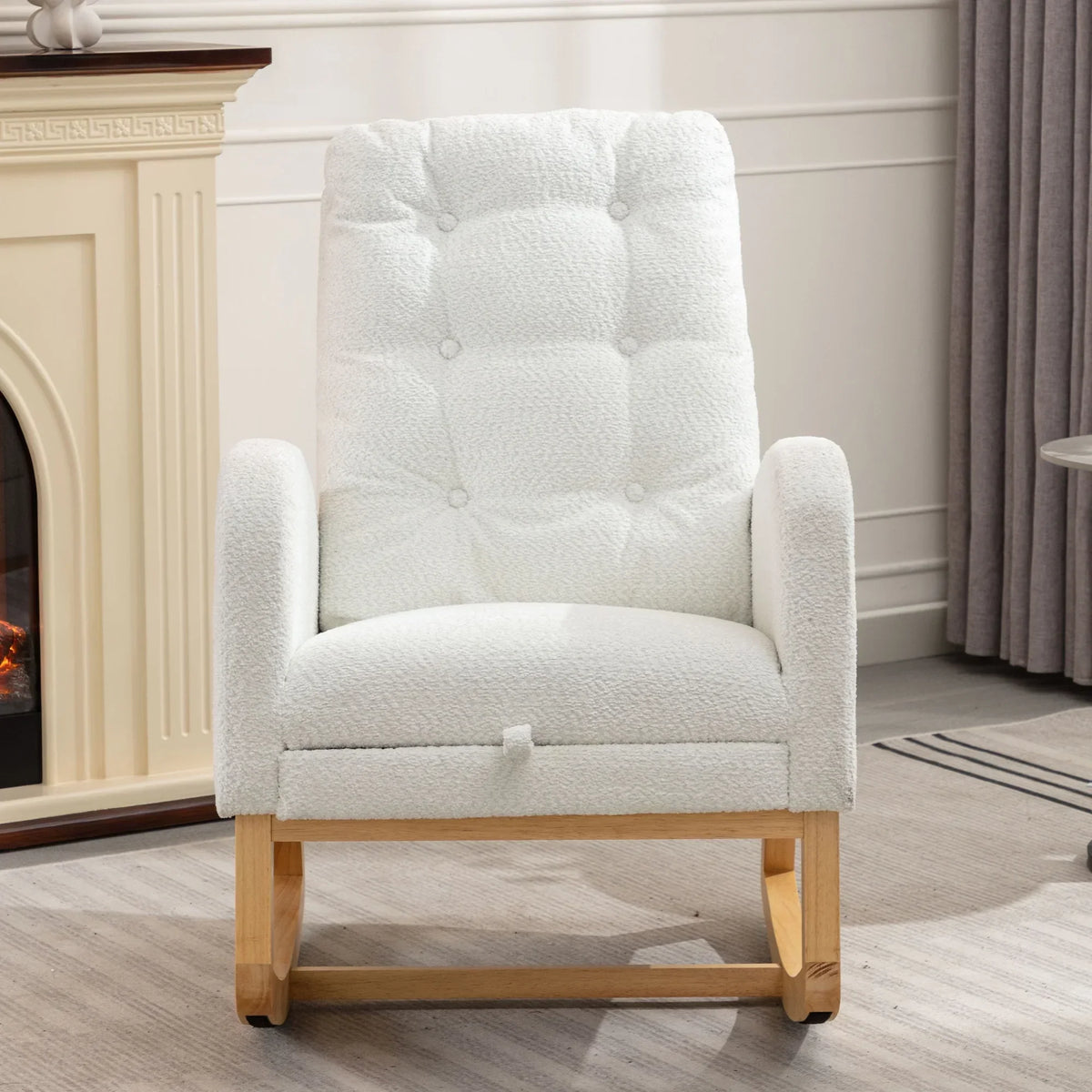 2026 NewModern Accent Rocking Chair with Pull-out Footrest,Nursery Glider Chair with Solid Wood Legs & Side Pocket,Upholstered Lounge Chair with High Backrest,White