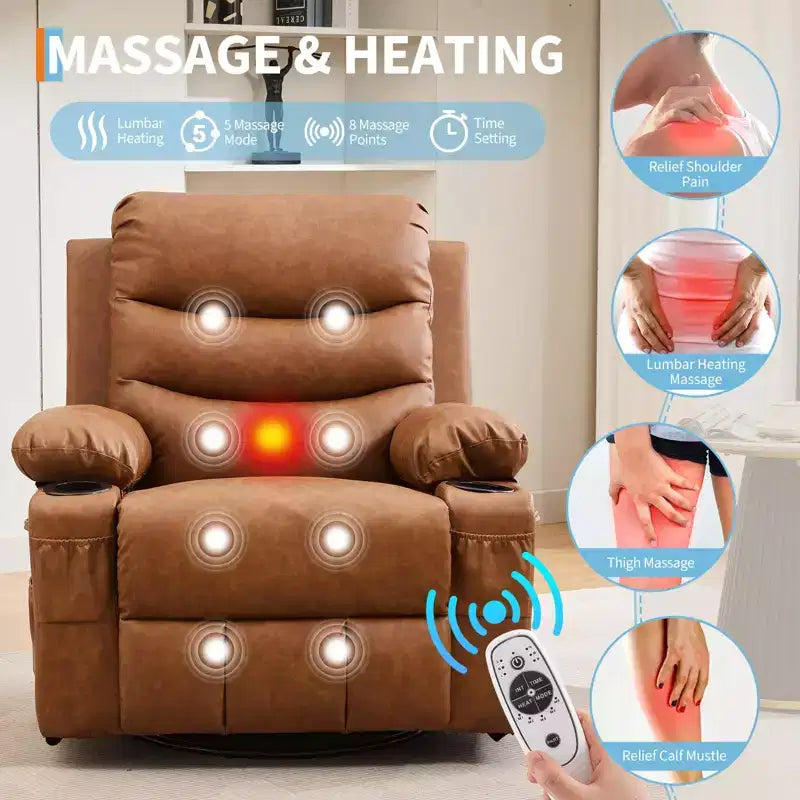 2026 Sillón reclinable mecedora giratorio 360° extragrande con masaje y calor, portavasos y bolsillos
