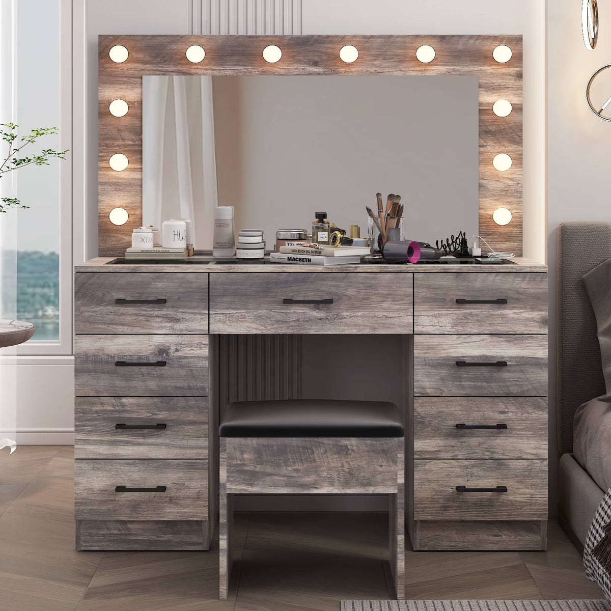 2026 NewKtaxon Large Makeup Vanity, Vanity Table Set w/ Visible Glass Top w/ Charging Station, White