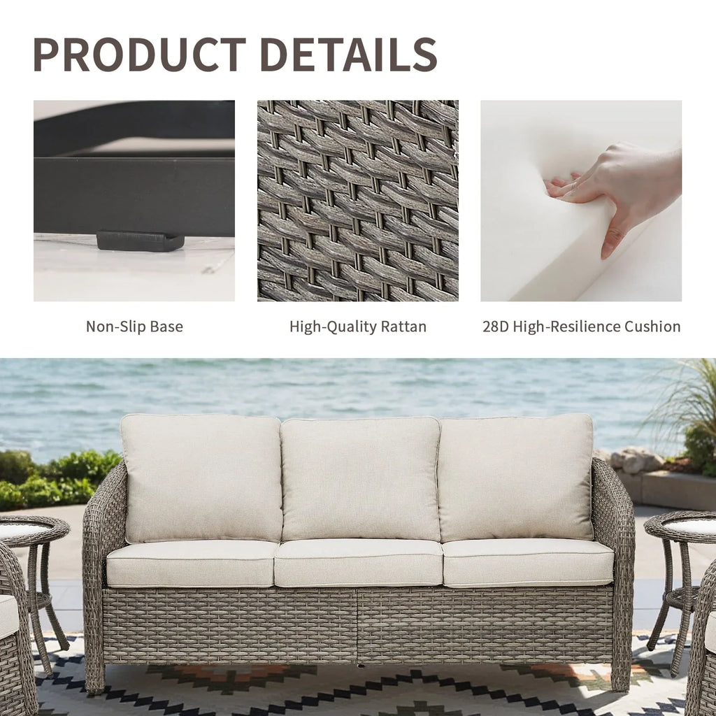 2026 New3-Seat Patio Wicker Sofa Outdoor Rattan Couch Furniture Steel Frame with Beige cushion&Waterproof Cover, Gray