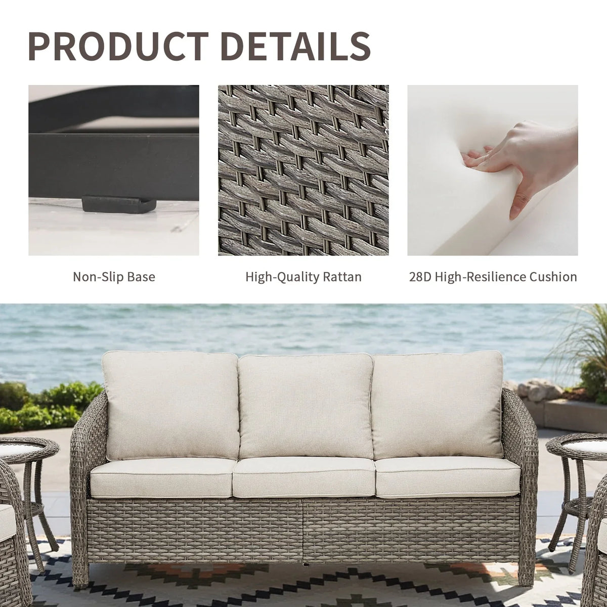 2026 New3-Seat Patio Wicker Sofa Outdoor Rattan Couch Furniture Steel Frame with Beige cushion&Waterproof Cover, Gray
