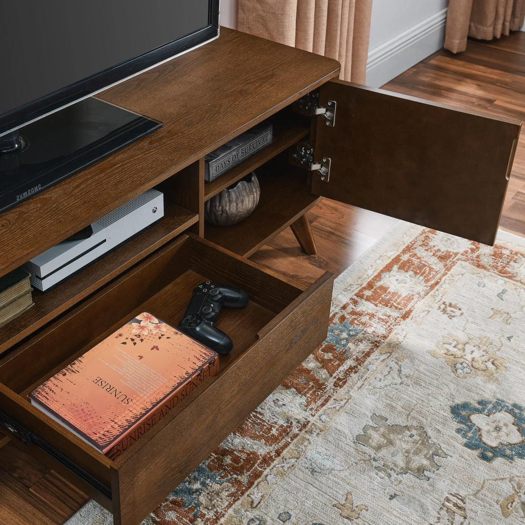 2026 NewNoble House Mid-Century Modern Fluted TV Stand for 65" TV, Entertainment Console with Storage, Solid Wood Legs, Walnut