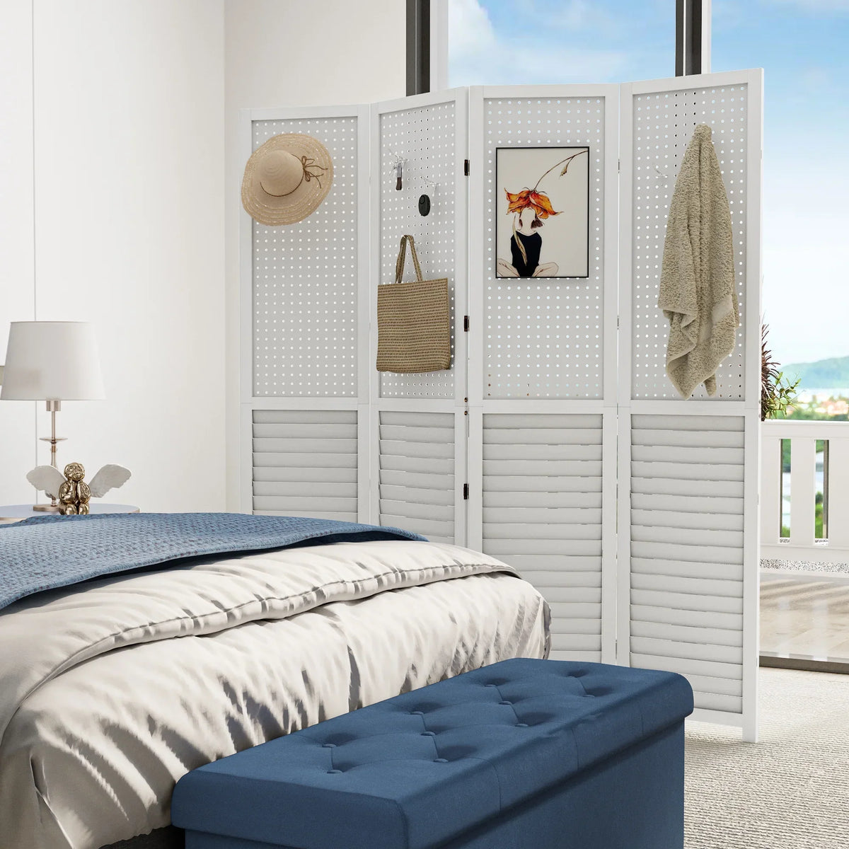 2026 NewDextrus Room Divider, 4 Panel Folding Privacy Screens with Pegboard Display, Freestanding Portable Privacy Screen Room Partition for Jewelry, Craft Show, Retail, Living Room, Bedroom