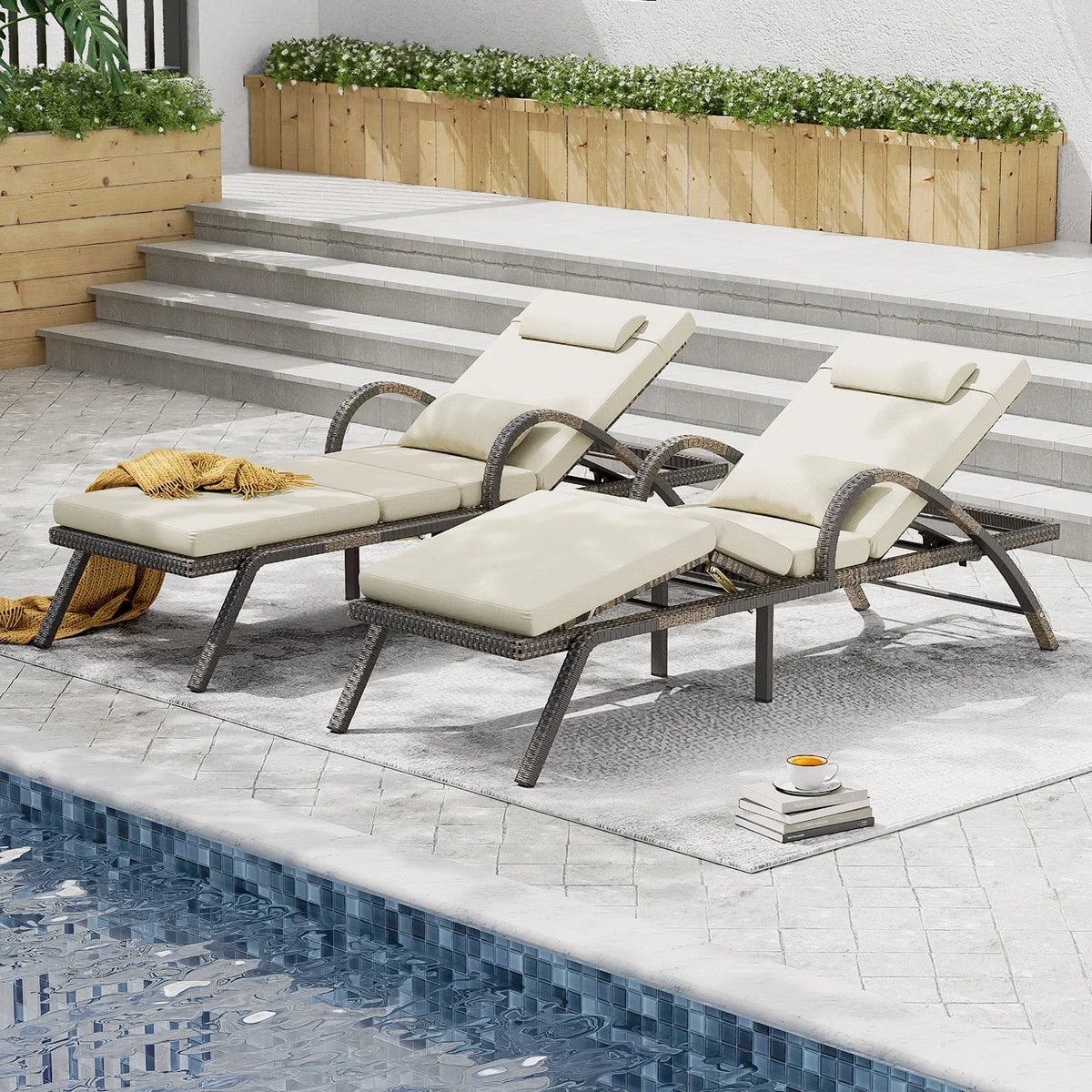 2026 NewMEISSALIVVE 4-Piece Outdoor Lounge Chairs, Pool Chairs with Adjustable 5 Position Backrest, PE Rattan Chaise for Backyard Porch Deck (Gray)