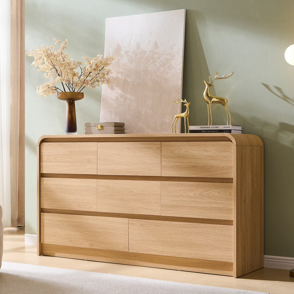 2026 Newwow97e Modern 8 Drawers Dresser for Bedroom, 55" Wide Wood Chest of Drawers w/Curved Profile Design, for Bedroom, Living Room, Natural Oak