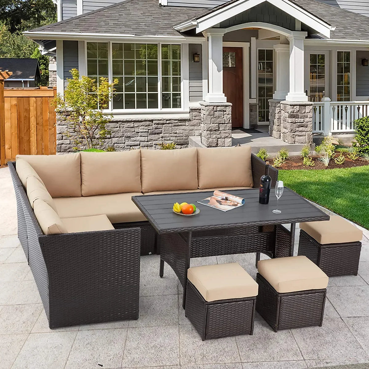 2026 NewAECOJOY 7 Piece Patio Furniture Set PE Rattan Outdoor Dining Set Sectional Sofa Couch with Table Patio Conversation Set in Gray