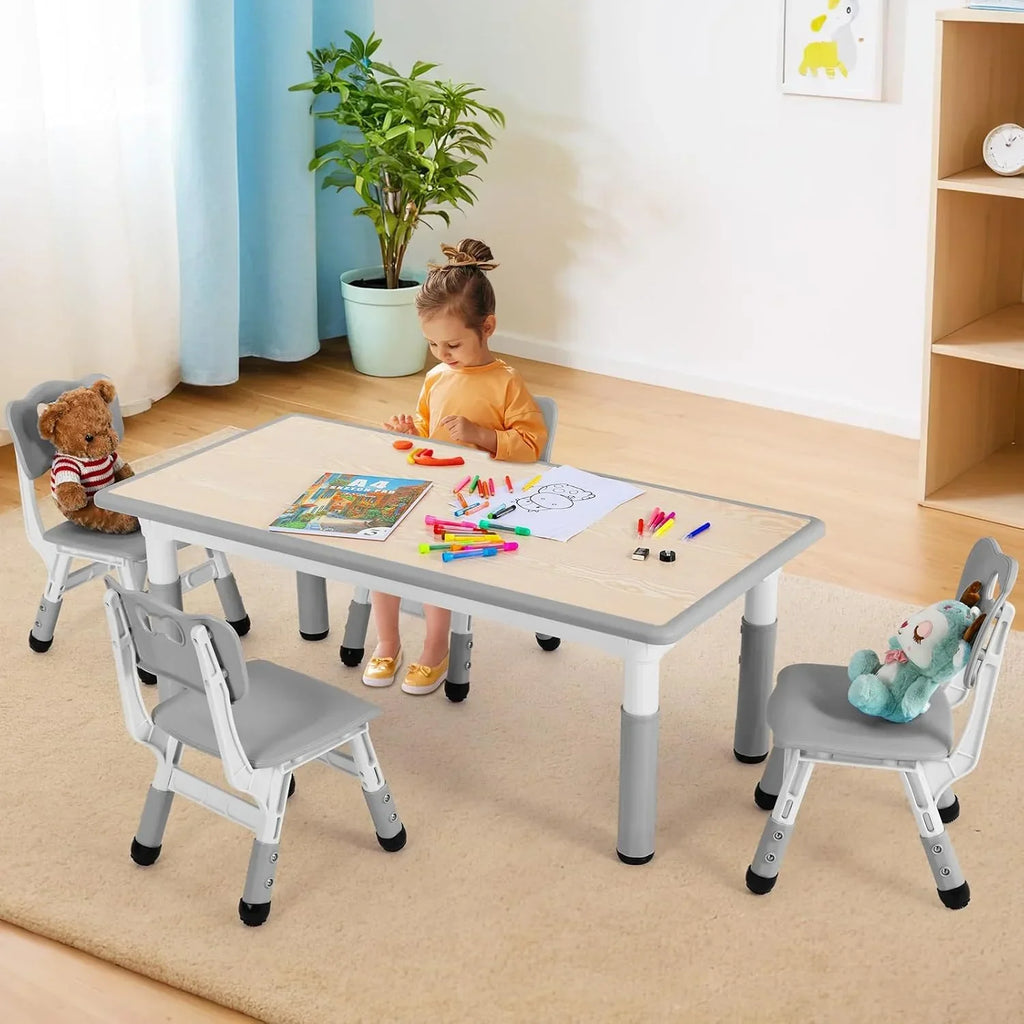 2026 NewLAZY BUDDY Kids Table and 4 Chairs Set, Height Adjustable Toddler Desk with Graffiti Desktop, Kids Activity Table Set for Daycare, Home