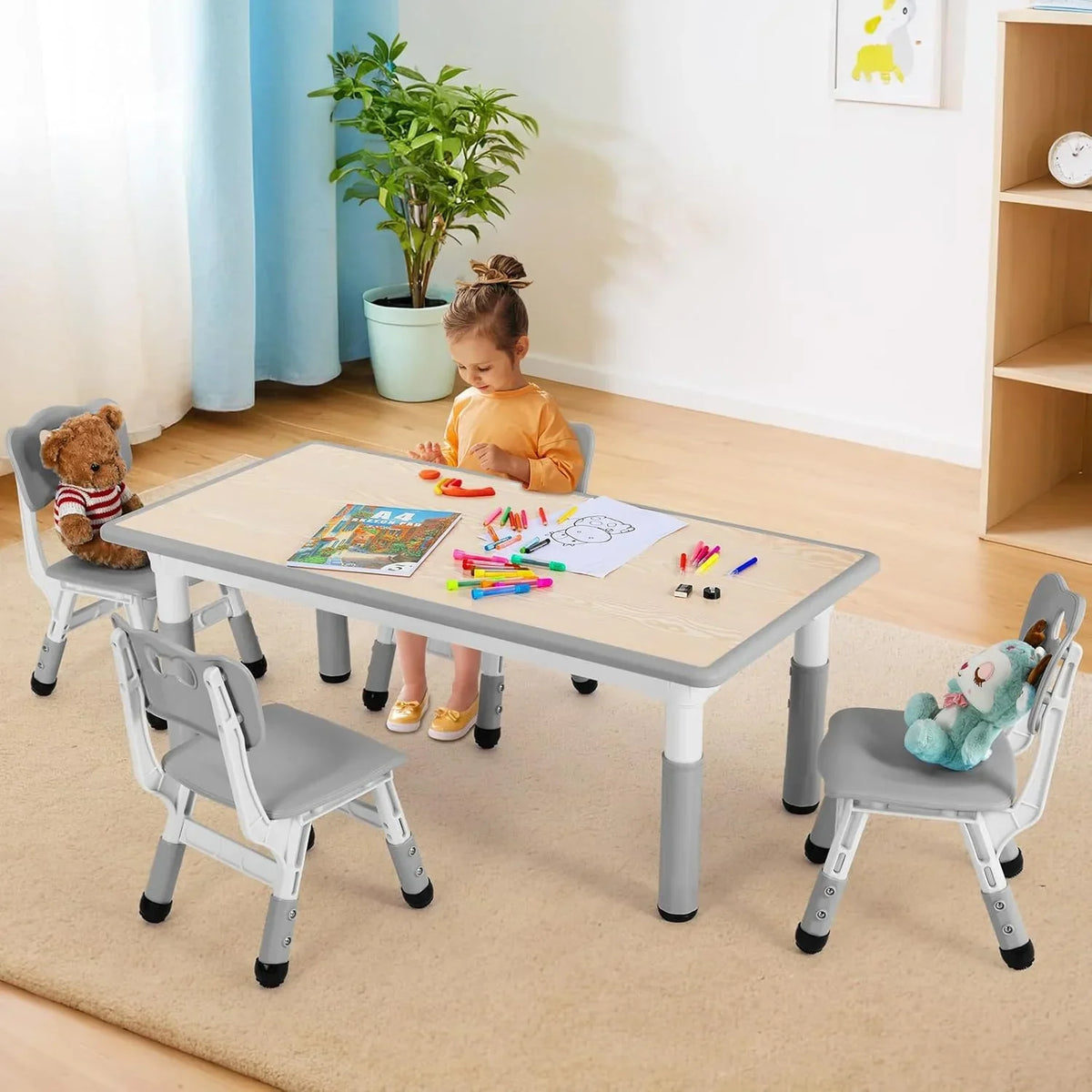 2026 NewLAZY BUDDY Kids Table and 4 Chairs Set, Height Adjustable Toddler Desk with Graffiti Desktop, Kids Activity Table Set for Daycare, Home