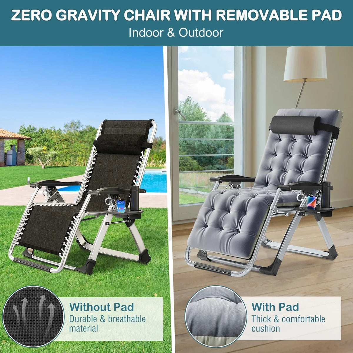 2026 NewNAIZEA 2 Pack Zero Gravity Chair, Foldable Portable Lawn Recliner with Cushion, Headrest, Cup Holder, Black