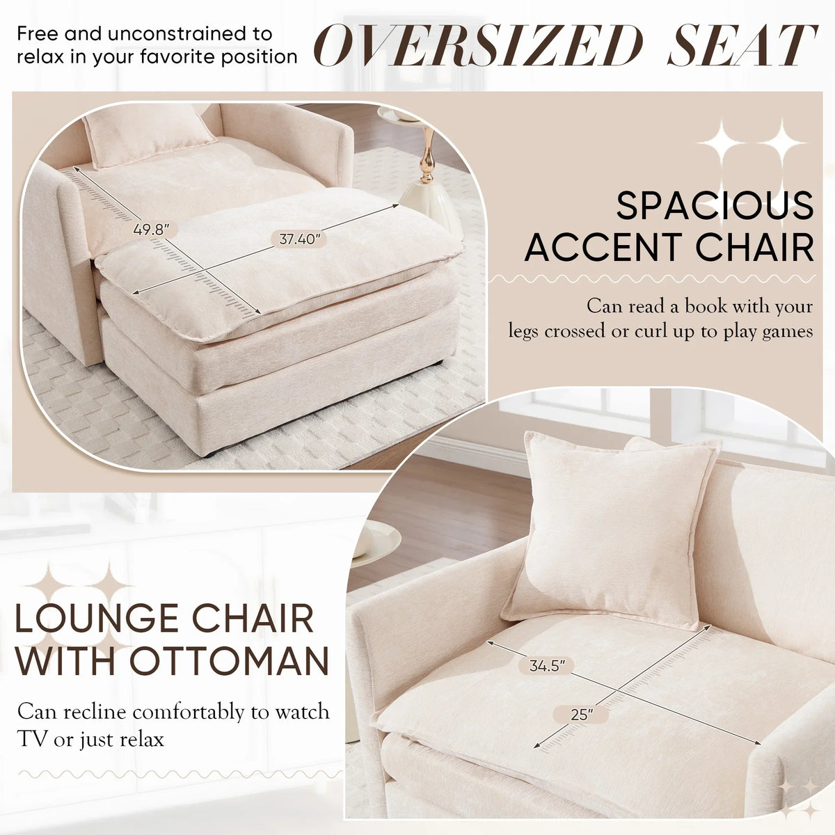2026 NewMuumblus Oversized Lounge Chair with Ottoman, Cloud Accent Armchair for Living Room, Beige Chenille